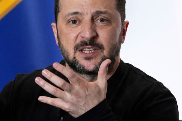 Ukraine's President Volodymyr Zelenskyy speaks during a press conference after the so-called "Coalition of the willing" summit, Thursday, March 27, 2025 in Paris. (AP Photo/Aurelien Morissard)