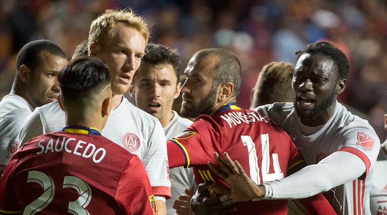Real Salt Lake players jockey for position with Atlanta United before a free kick in an MLS soccer match in Salt Lake City on Saturday, April 22, 2017. (Rick Egan/The Salt Lake Tribune via AP)