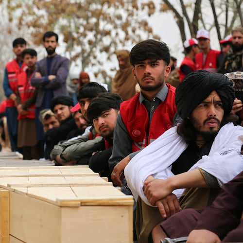 FILE - Mourners attend a second mass funeral for victims of an airstrike on a drug rehabilitation center earlier this month, in Kabul, Afghanistan, Thursday, March 26, 2026. (AP Photo/Siddiqullah Alizai, File)