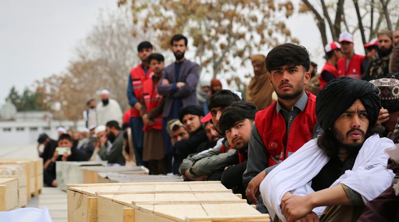 FILE - Mourners attend a second mass funeral for victims of an airstrike on a drug rehabilitation center earlier this month, in Kabul, Afghanistan, Thursday, March 26, 2026. (AP Photo/Siddiqullah Alizai, File)