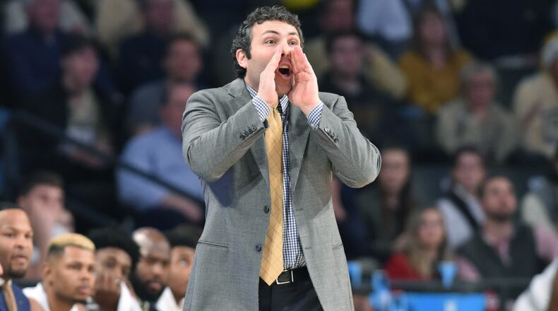 Georgia Tech coach Josh Pastner shouts instructions in the first half at McCamish Pavilion on Saturday, December 22, 2018. HYOSUB SHIN / HSHIN@AJC.COM
