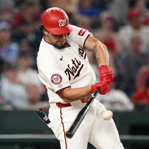 Washington Nationals' Yohandy Morales hits a double during the seventh inning of a baseball game against the Atlanta Braves, Tuesday, Sept. 1, 2026, in Washington. (AP Photo/Nick Wass)