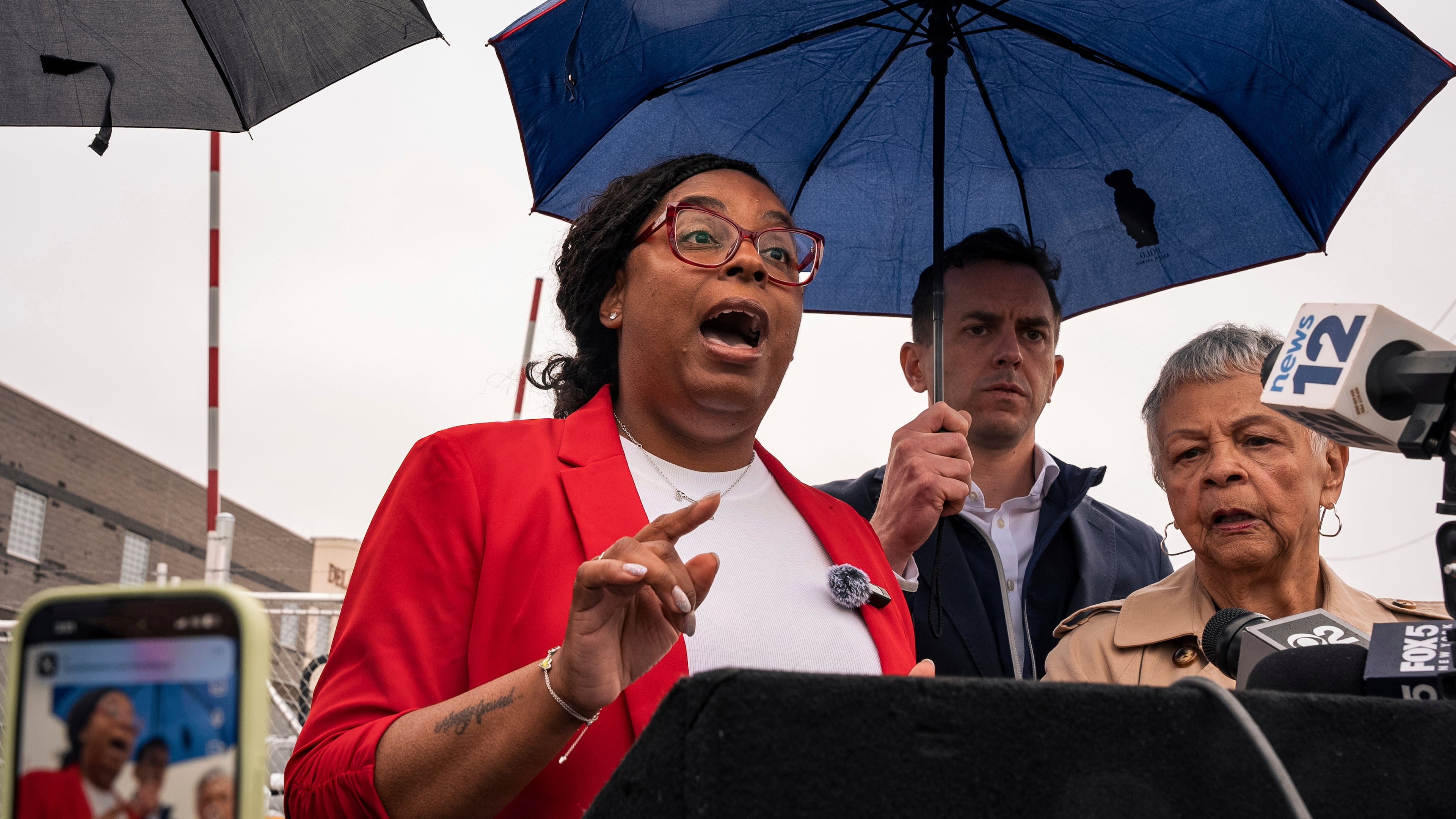 FILE - Congresswoman Rep. LaMonica McIver, D-N.J., speaks to the press after Newark mayor Ras Baraka was arrested while protesting at Delaney Hall ICE detention prison, May 9, 2025, in Newark, N.J. (AP Photo/Angelina Katsanis, File)