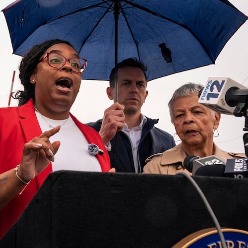 FILE - Congresswoman Rep. LaMonica McIver, D-N.J., speaks to the press after Newark mayor Ras Baraka was arrested while protesting at Delaney Hall ICE detention prison, May 9, 2025, in Newark, N.J. (AP Photo/Angelina Katsanis, File)