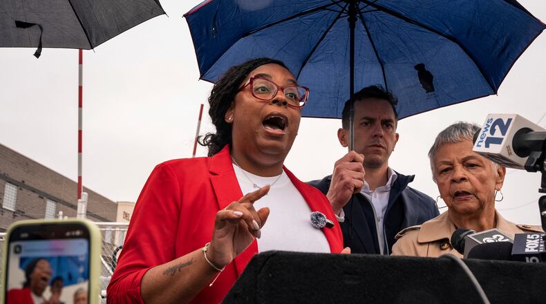 FILE - Congresswoman Rep. LaMonica McIver, D-N.J., speaks to the press after Newark mayor Ras Baraka was arrested while protesting at Delaney Hall ICE detention prison, May 9, 2025, in Newark, N.J. (AP Photo/Angelina Katsanis, File)