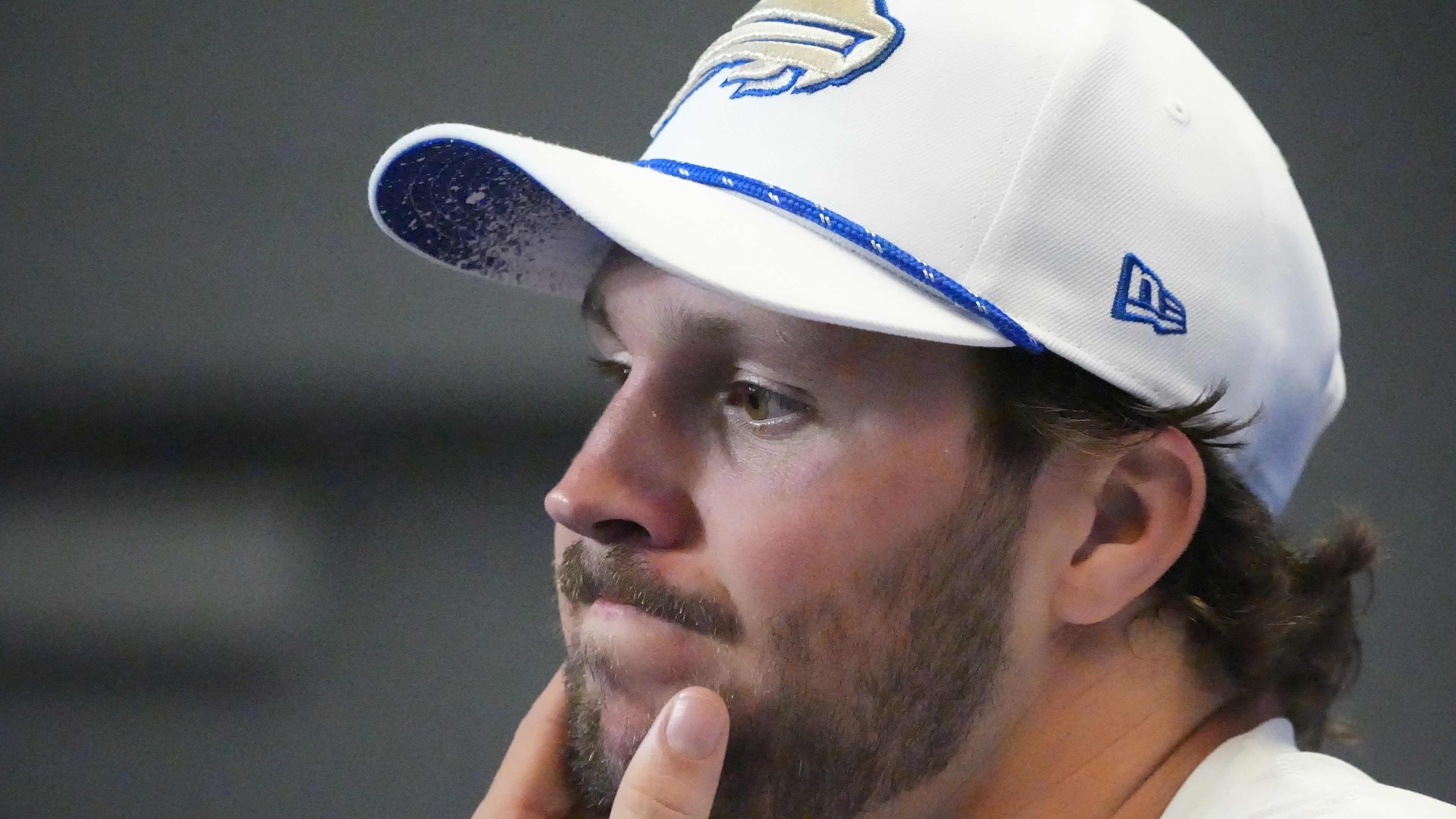 Buffalo Bills quarterback Josh Allen talks to the media following an NFL football game against the New England Patriots, Sunday, Sept. 5, 2025, in Orchard Park, N.Y. (AP Photo/Gene J. Puskar)