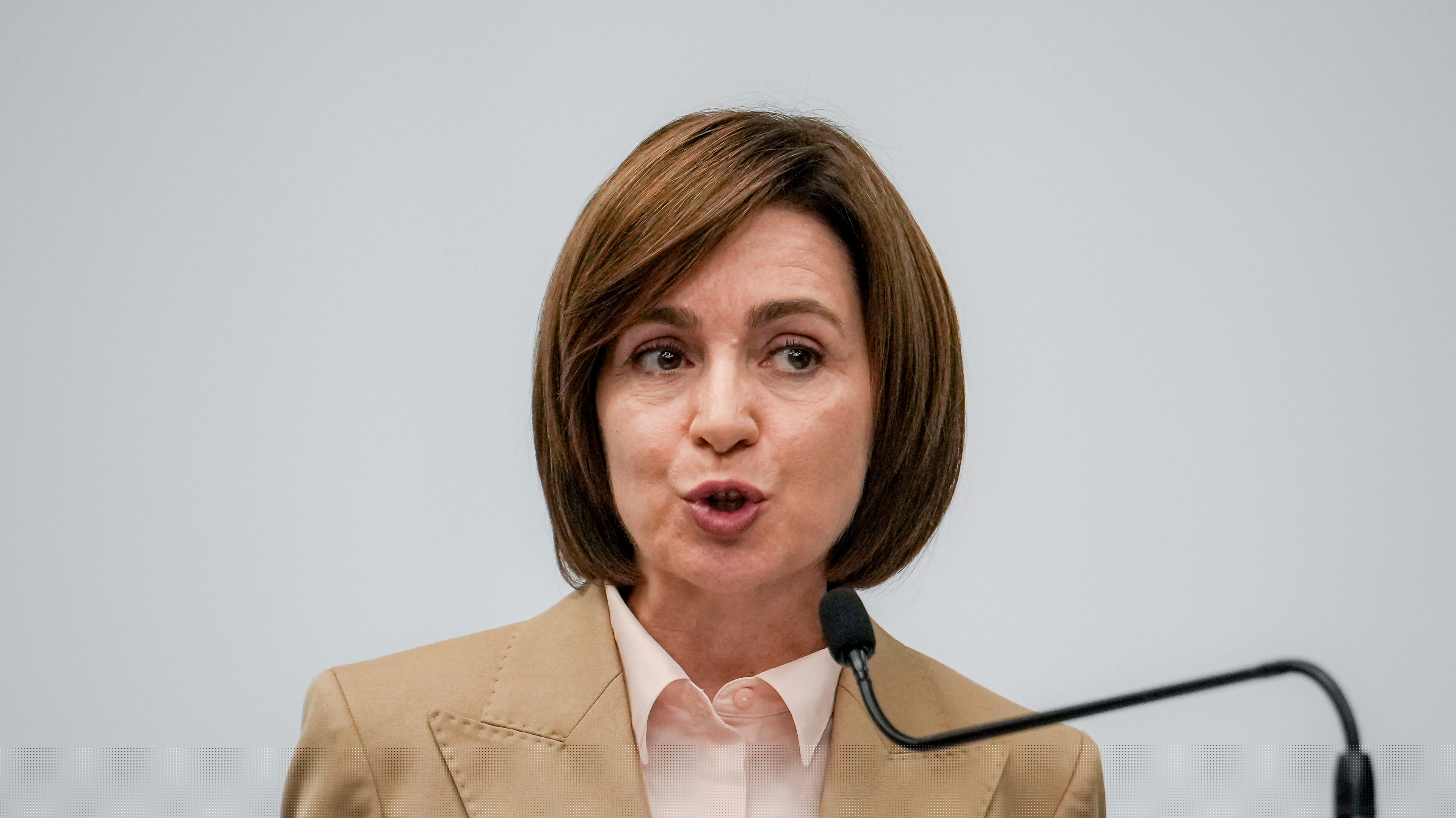 FILE - Moldova's President Maia Sandu speaks to the media during a press briefing after the polls closed for the presidential election, in Chisinau, Moldova, Monday, Oct. 21, 2024. (AP Photo/Vadim Ghirda, File)