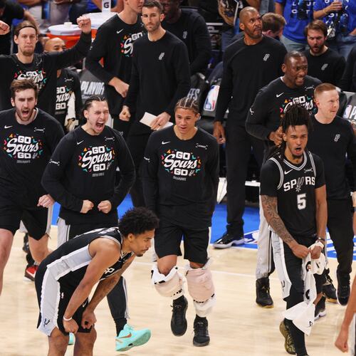 The San Antonio Spurs reacts as a timeout is called in the second half of Game 7 of the Western Conference finals of the NBA basketball playoffs series against the Oklahoma City Thunder Saturday, May 30, 2026, in Oklahoma City. (AP Photo/Nate Billings)