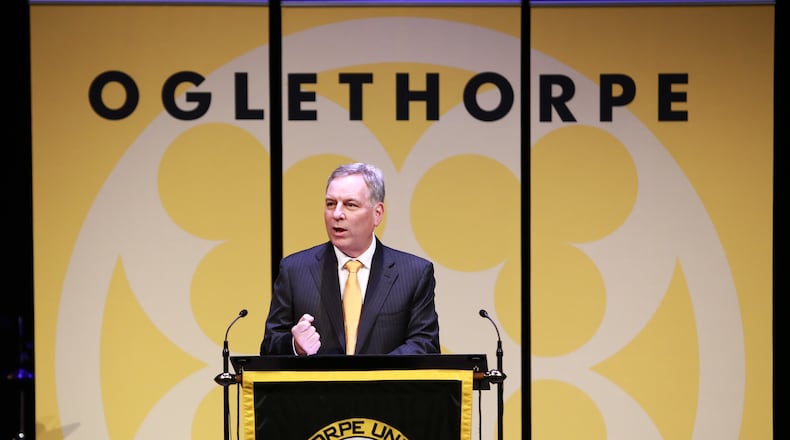 Nicholas Ladany speaks after being introduced as Oglethorpe University's next president.