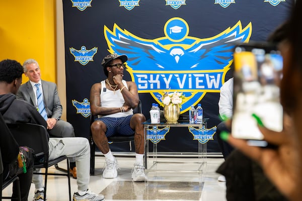Jeffery Williams, known as rapper Young Thug, speaks to students at Skyview High School, Friday, Aug. 1, 2025, in College Park. The appearance is part of his court-mandated anti-gang outreach, one of the few conditions under which he is permitted to return to the city. Skyview is a second-chance school serving at-risk students pursuing a high school diploma. (Olivia Bowdoin for the AJC)