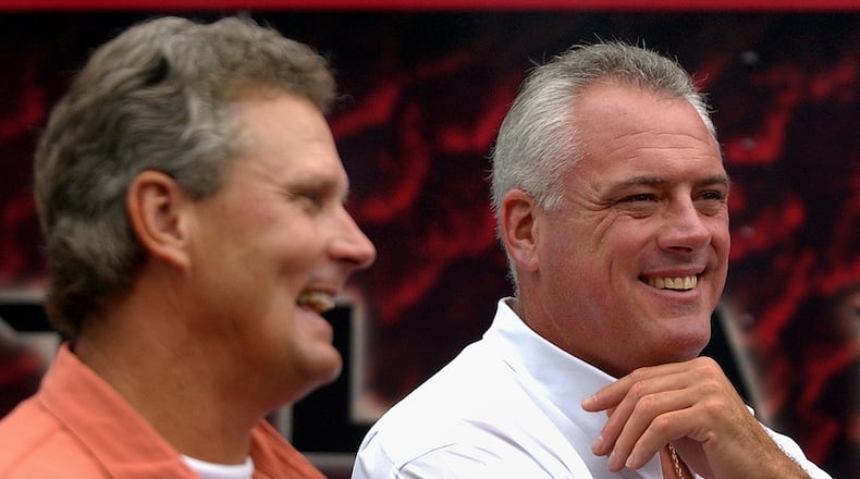 Former Falcons greats Mike Kenn (right) and Steve Bartkowski attend a team mini camp after their careers ended. (SUNNY SUNG/STAFF)