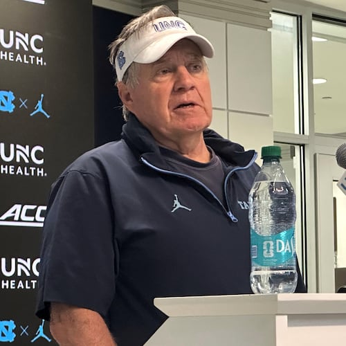 North Carolina coach Bill Belichick speaks at an NCAA college football news conference before preseason camp, Thursday, July 30, 2026, in Chapel Hill, N.C. (AP Photo/Aaron Beard)