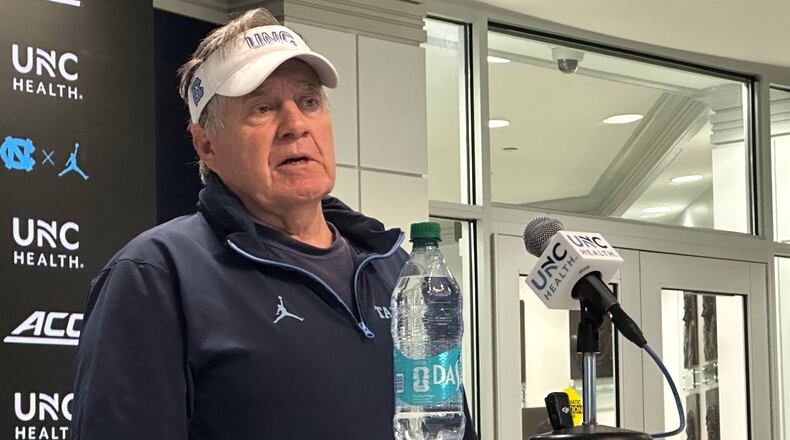 North Carolina coach Bill Belichick speaks at an NCAA college football news conference before preseason camp, Thursday, July 30, 2026, in Chapel Hill, N.C. (AP Photo/Aaron Beard)