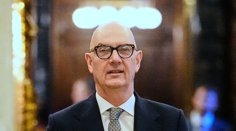 French Finance Minister Roland Lescure arrives for the North Sea Summit in Hamburg, Germany, where the North Sea coastal states aim to strengthen cross-border cooperation in the expansion of offshore wind energy and hydrogen infrastructure on Monday, January 26, 2026. (AP Photo/Martin Meissner, Pool)