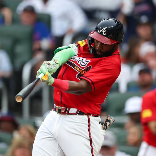 Atlanta Braves' Michael Harris II hits a two-run home run in the second inning of a baseball game against the New York Mets, Friday, July 3, 2026, in Atlanta. (AP Photo/Colin Hubbard)