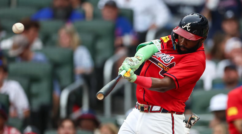 Atlanta Braves' Michael Harris II hits a two-run home run in the second inning of a baseball game against the New York Mets, Friday, July 3, 2026, in Atlanta. (AP Photo/Colin Hubbard)