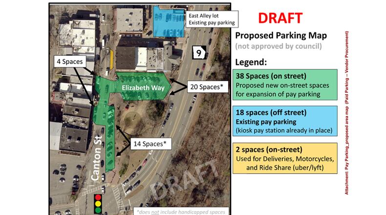 Thirty-eight parking spaces on Canton Street and Elizabeth Way in downtown Roswell will charge for parking beginning Oct. 1. CITY OF ROSWELL