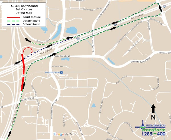 State transportation officials will close northbound Ga. 400 at I-285 late Friday and Saturday nights as construction continues on one of metro Atlanta’s busiest interchanges. The map shows the detour route.