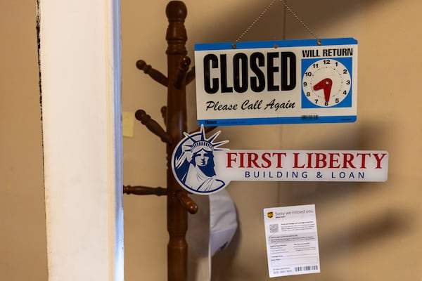A view of the interior door to the First Liberty Building & Loan office in Newnan on Wednesday, July 16, 2025. The SEC has sued First Liberty for allegedly defrauding investors. (Arvin Temkar/AJC)