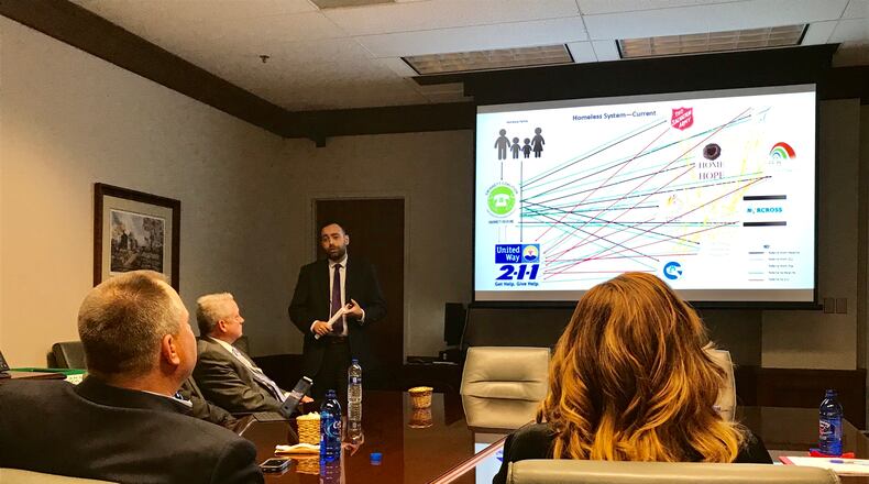 Matt Elder of HomeFirst Gwinnett briefs Gwinnett County officials Tuesday on his organization's plans, which include an assessment center and shelter near Norcross. TYLER ESTEP / TYLER.ESTEP@AJC.COM