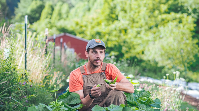 Chris Smith, founder of the Utopian Seed Project, crouches amid a row of okra plants at his farm in Leicester, North Carolina. (Grace Dickinson for The Atlanta Journal-Constitution)