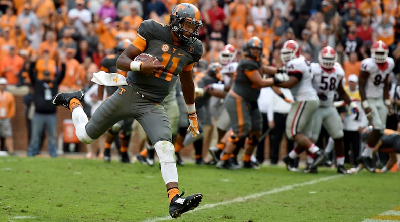 Joshua Dobbs: Quarterback from Alpharetta set career records for rushing yards by a quarterback (2,160), career rushing touchdowns by a QB (32), single-season rushing yards by a quarterback (831) and single-season rushing touchdowns by a QB (12) at Tennessee.
