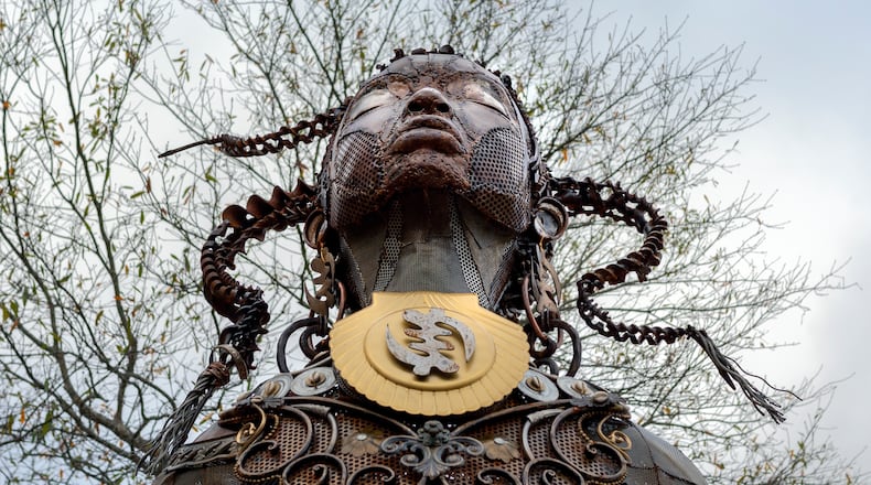Michelle L. Browder (with Deborah Shedrick and a team of artists), Mothers of Gynecology, 2021, found metal objects, roughly 11 feet high honoring the first three victims of J. Marion Sims