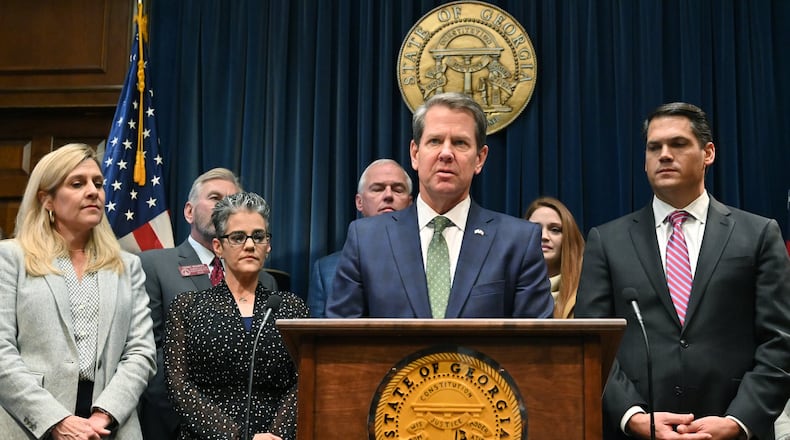 Gov. Brian Kemp, shown speaking at a press conference where he announced legislative measures he’s proposing to combat human trafficking, is taking a hard-nosed approach to crime in the state. (Hyosub Shin / Hyosub.Shin@ajc.com)