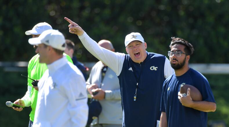 Georgia Tech head coach Geoff Collins makes a point in spring - and many more are to come. (HYOSUB SHIN / HSHIN@AJC.COM)