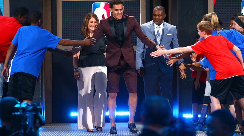 NEW YORK, NY - JUNE 21: Trae Young is introduced before the 2018 NBA Draft at the Barclays Center on June 21, 2018 in the Brooklyn borough of New York City. NOTE TO USER: User expressly acknowledges and agrees that, by downloading and or using this photograph, User is consenting to the terms and conditions of the Getty Images License Agreement. (Photo by Mike Stobe/Getty Images)