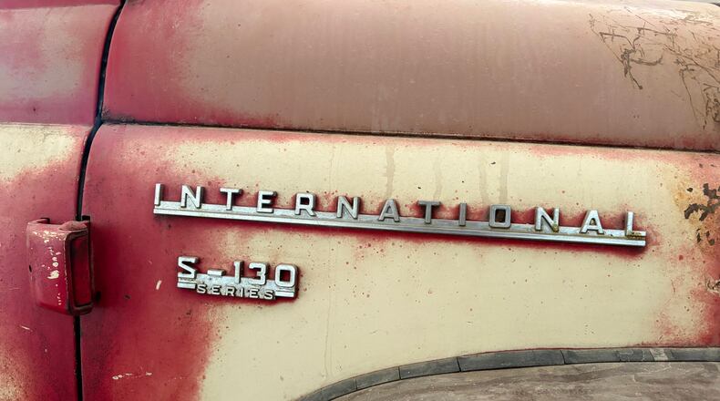 The make and series are displayed on the side of a 1956 International Harvester S-130 pickup truck in Mason, Ill., Sunday, May 24, 2026. (AP Photo/Holly Meyer)