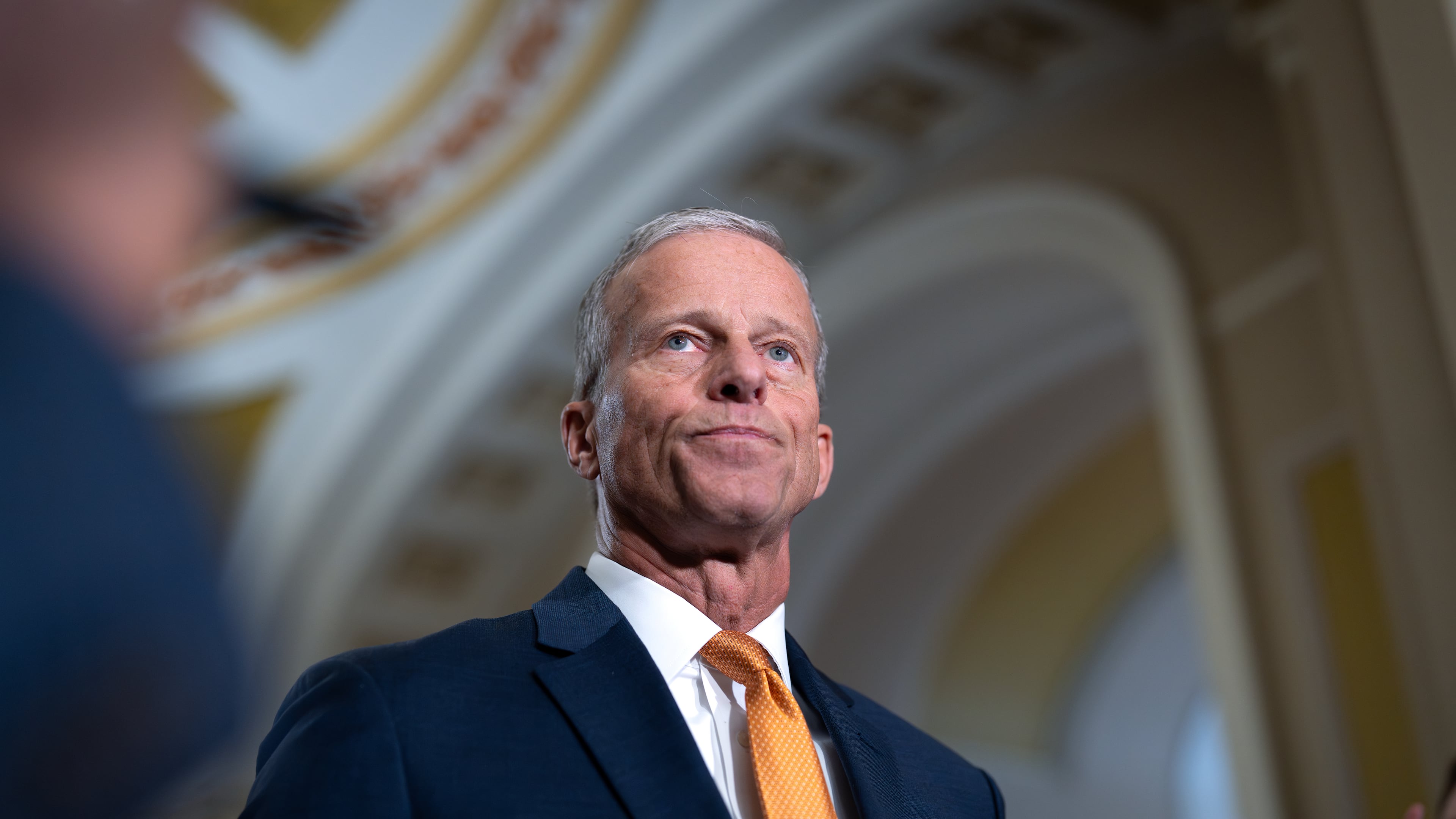 Senate Majority Leader John Thune, R-S.D., speaks with reporters following a closed-door meeting of Senate Republicans on day 28 of the government shutdown, at the Capitol in Washington, Tuesday, Oct. 28, 2025. (AP Photo/J. Scott Applewhite)
