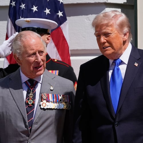 President Donald Trump and first lady Melania Trump bid farewell to Britain's King Charles III and Queen Camilla on the South Lawn of the White House, Thursday, April 30, 2026, in Washington. (AP Photo/Manuel Balce Ceneta)