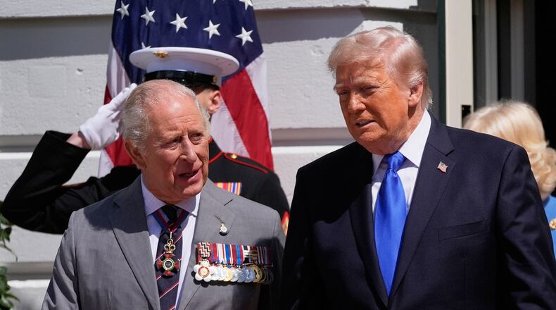 President Donald Trump and first lady Melania Trump bid farewell to Britain's King Charles III and Queen Camilla on the South Lawn of the White House, Thursday, April 30, 2026, in Washington. (AP Photo/Manuel Balce Ceneta)