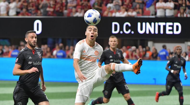July 21, 2018  - Atlanta United midfielder Miguel Almiron (10) works the ball during the first half in a MLS soccer game at Mercedes-Benz Stadium on Saturday, July 21, 2018. HYOSUB SHIN / HSHIN@AJC.COM