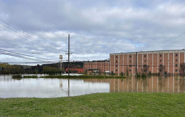 The Buffalo Trace Distillery in Frankfort, Ky., is seen amid floodwaters on Monday, April 7, 2025. (AP Photo/Kristin M. Hall)