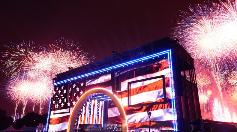Fireworks explode during Salute to America, an Independence Day event honoring the nation's 250th anniversary, Saturday, July 4, 2026, on the National Mall in Washington. (AP Photo/Mark Schiefelbein)
