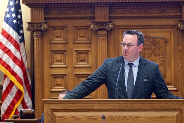 Lt. Gov. Burt Jones speaks at the Senate as the state legislature convenes for the first day of a special legislative session at the Capitol in Atlanta on June 17, 2026. It’s the day after he lost in a runoff election to be the Republican governor nominee.  (Arvin Temkar/AJC)