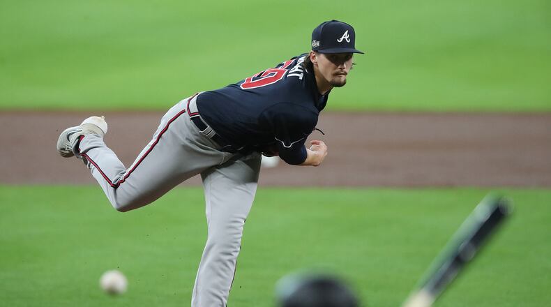 Braves starting pitcher Kyle Wright delivers against the Miami Marlins during the first inning of Game 3 of the National League Division Series Thursday, Oct. 8, 2020, at Minute Maid Park in Houston. (Curtis Compton / Curtis.Compton@ajc.com)