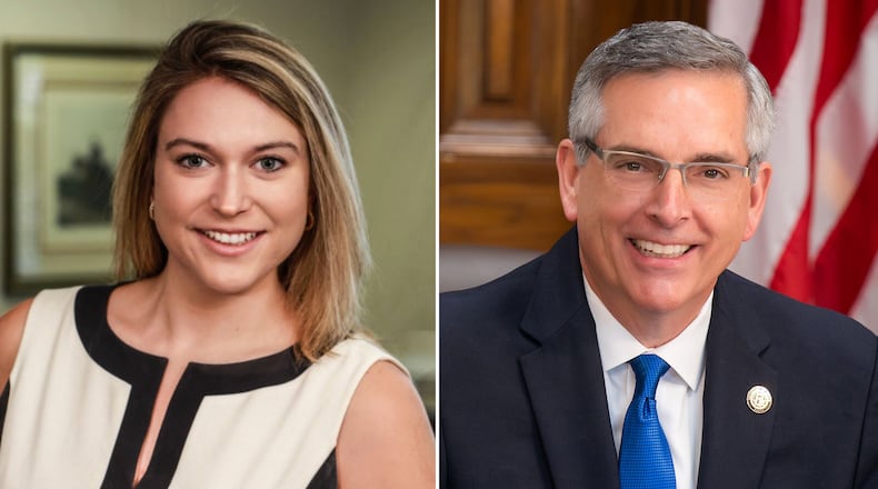 Deputy Secretary of State Jordan Fuchs, left, said she had the support of Secretary of State Brad Raffensperger, right, when she made the decision to fire Jim Cleghorn as executive director of the state Board of Nursing this month. (Handout)