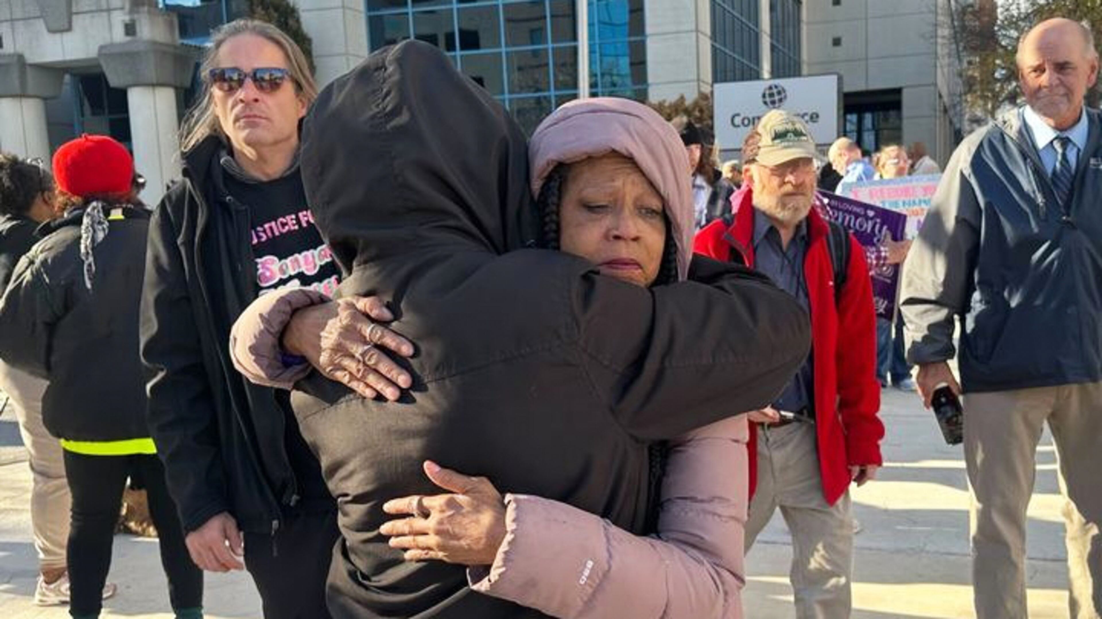 Sonya Massey’s mother, Donna Massey, hugs a supporter outside the Peoria County Courthouse in Peoria, Ill., Wednesday, October 29, 2025. (AP Photo/John O’Connor)