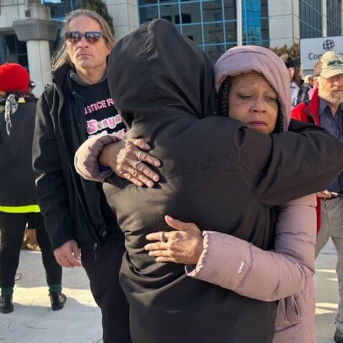 Sonya Massey’s mother, Donna Massey, hugs a supporter outside the Peoria County Courthouse in Peoria, Ill., Wednesday, October 29, 2025. (AP Photo/John O’Connor)