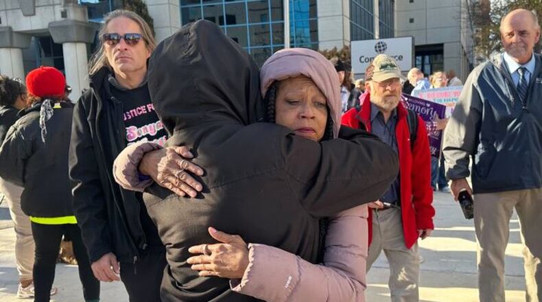 Sonya Massey’s mother, Donna Massey, hugs a supporter outside the Peoria County Courthouse in Peoria, Ill., Wednesday, October 29, 2025. (AP Photo/John O’Connor)