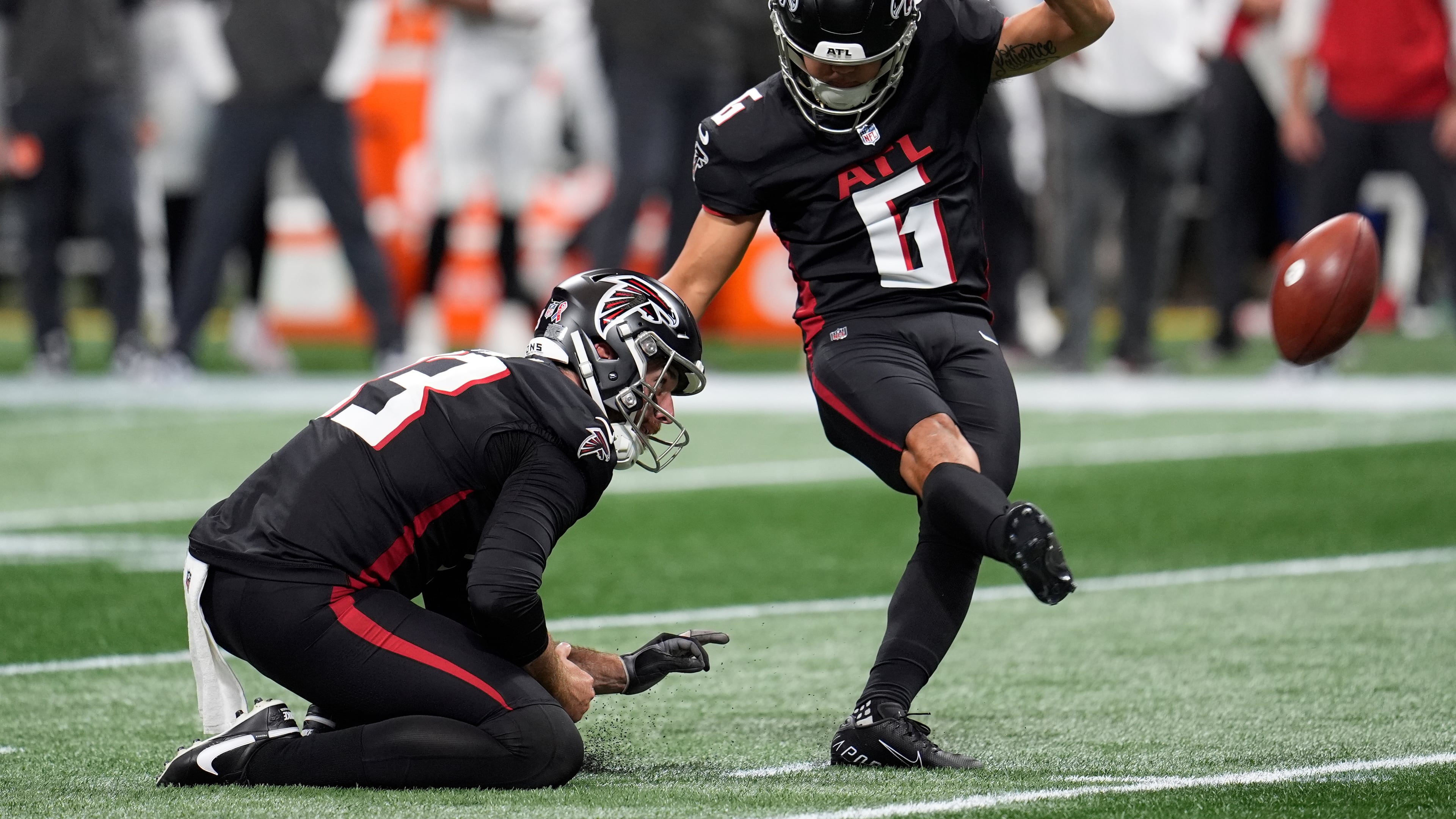 Atlanta Falcons placekicker Younghoe Koo kicks the ball during the first half of an NFL football game against the Tampa Bay Buccaneers, Sunday, Sept. 7, 2025, in Atlanta. (Mike Stewart/AP)