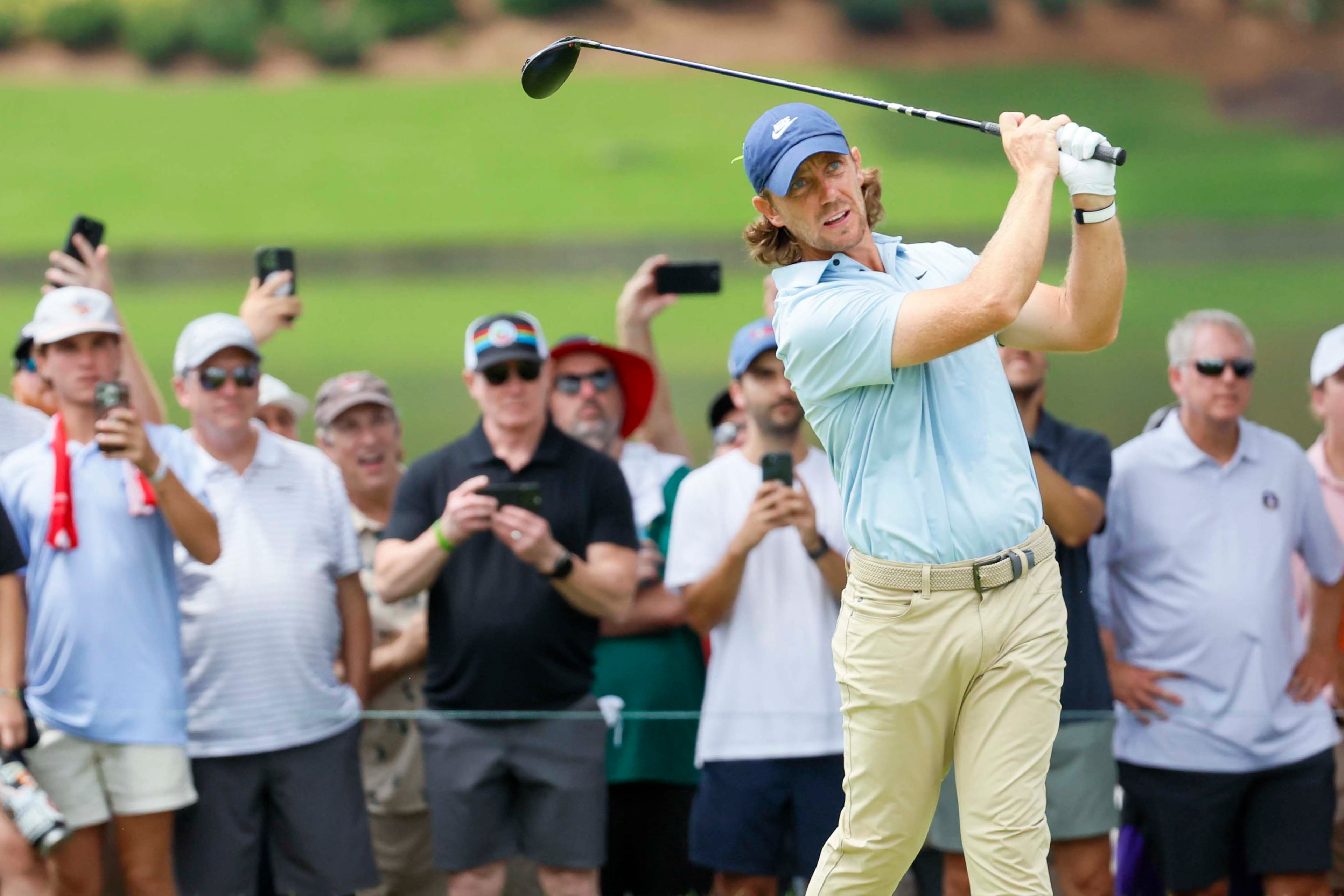 Tommy Fleetwood, of England, tees off from the 10th hole during the final round of the PGA Tour Championship at East Lake Golf Club on Sunday, Aug. 24, 2025, in Atlanta.(Miguel Martinez/ AJC)