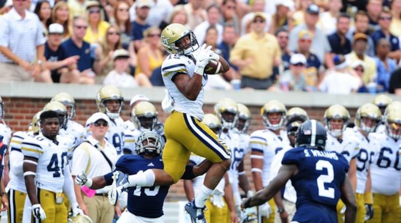 DeAndre Smelter of Georgia Tech goes up for a catch against Georgia Southern at Bobby Dodd Stadium on Sept, 13, 2014. (Photo by Scott Cunningham/Getty Images)