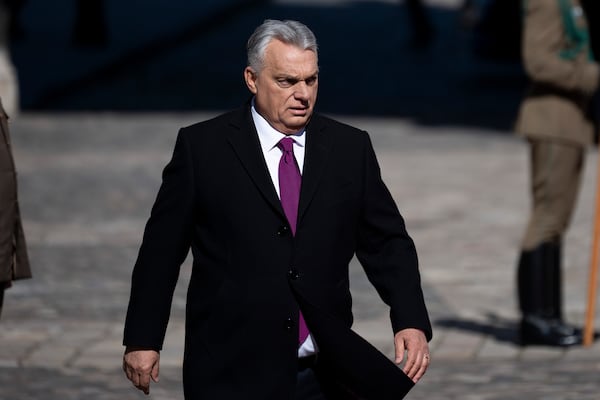 Hungarian Prime Minister Viktor Orban, arrives at a welcoming ceremony with a guard of honor for Israeli Prime Minister Benjamin Netanyahu at Buda Castle in Budapest, Hungary, on Thursday, April 3, 2025. (AP Photo/Denes Erdos)