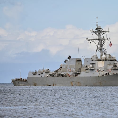 The USS Gravely destroyer arrives to dock for military exercises in Port-of-Spain, Trinidad and Tobago, Sunday, Oct. 26, 2025. (AP Photo/Robert Taylor)