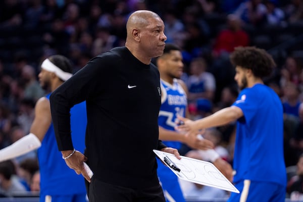 Milwaukee Bucks head coach Doc Rivers looks on during the first half of an NBA basketball game against the Philadelphia 76ers Thursday, April 3, 2025, in Philadelphia. (AP Photo/Chris Szagola)