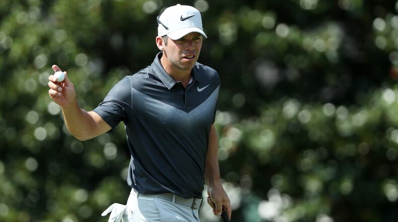 Paul Casey reacts on the second green during the third round of the Tour Championship at East Lake Golf Club on September 23, 2017 in Atlanta, Georgia.  (Photo by Sam Greenwood/Getty Images)